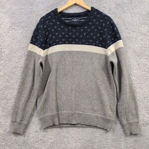 AE Sweater Heavyweight Knit Navy Gray Fair Isle Men's Large Cotton Wool Blend